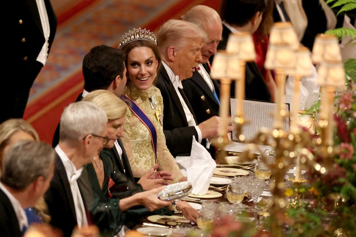 WINDSOR, ENGLAND - SEPTEMBER 17: Britain's Catherine, Princess of Wales speaks with Michael Boulos as they attend a State Banquet at Windsor Castle for the State visit by the President of the United States of America on September 17, 2025 in Windsor, England. President Trump is in England from Sept. 16-18 on his second UK state visit, with the previous one taking place in 2019 during his first presidential term. (Photo by Phil Noble - WPA Pool/Getty Images)