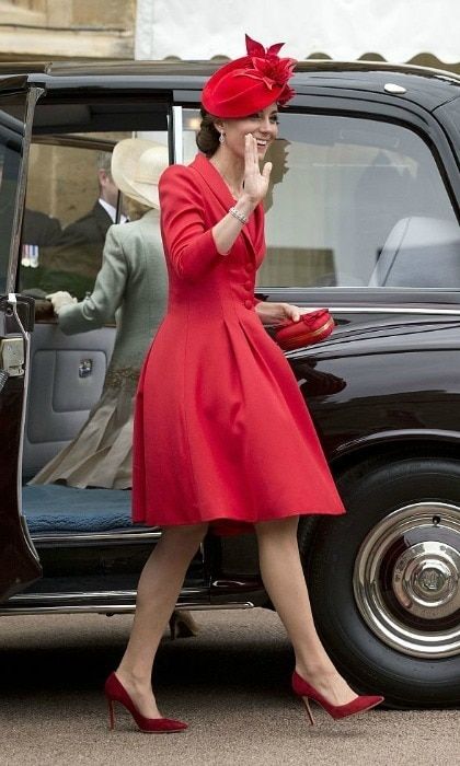Kate wowed in a recycled coat dress by Catherine Walker for the Order of the Garter service.
<br>
Photo: MATT DUNHAM/AFP/Getty Images