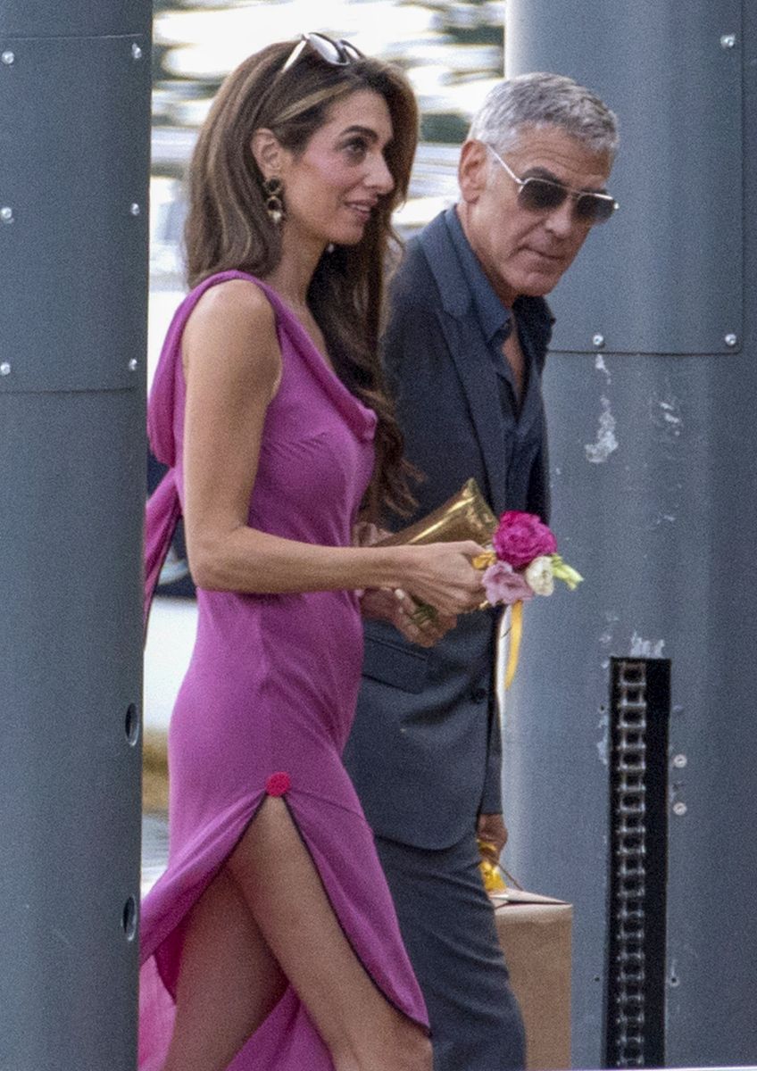 amal clooney sequins dress Amal Clooney Wears Dreamy Silver Sequin Dress in Italy With George