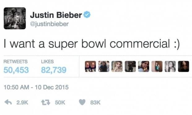 Justin expressed his wish of being in a Super Bowl commercial on Twitter back in December 2015. His dream came true in 2017, prompting an Instagram return after a 24-month hiatus.
Photo: Twitter/@justinbieber
