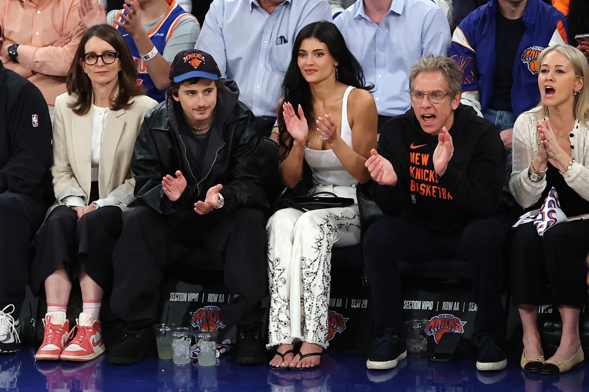 Tina Fey, TimothÃ©e Chalamet, Kylie Jenner, and Ben Stiller attend Game Five of the Eastern Conference First Round NBA Playoffs
