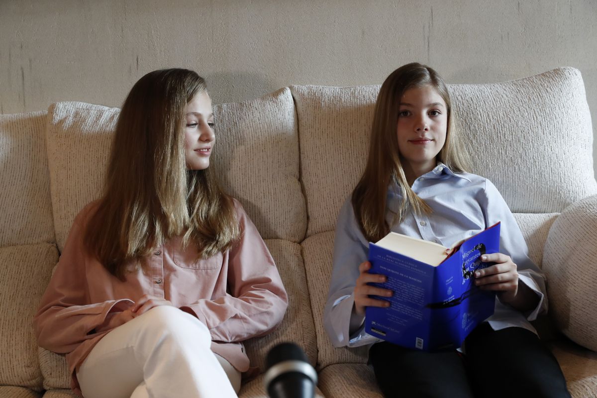 Princess Leonor of Spain and Princess Sofia of Spain read El Quijote book at the Zarzuela Palace on April 23, 2020