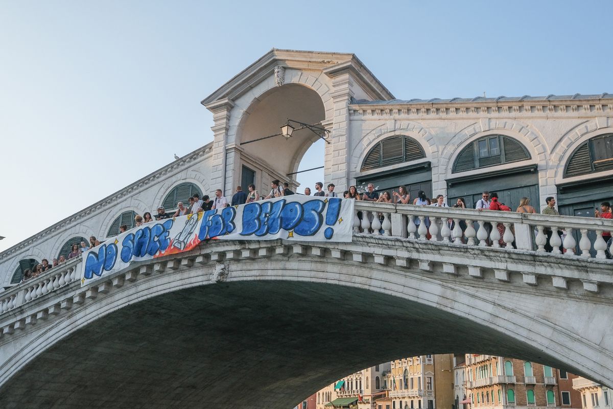 'No Space For Bezos'  banner on the Rialto Bridge to protest the wedding to be held in Venice between Jeff Bezos and Lauren Sanchez. 