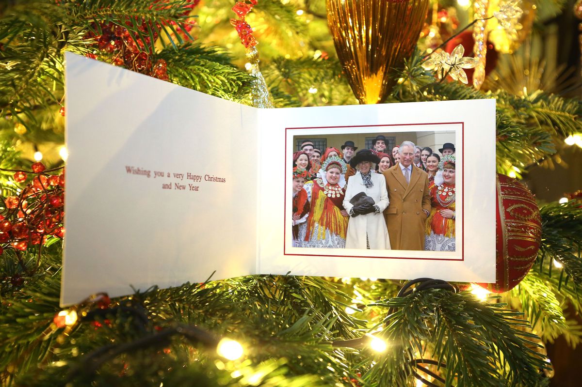 The Prince of Wales and Duchess of Cornwall's 2016 Christmas card on a Christmas tree in Clarence House, London.