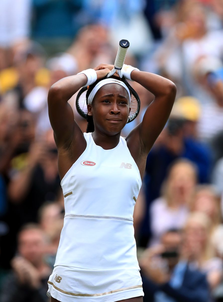 Cori Gauff celebrates her win against Venus Williams on day one of the Wimbledon Championships 2019
