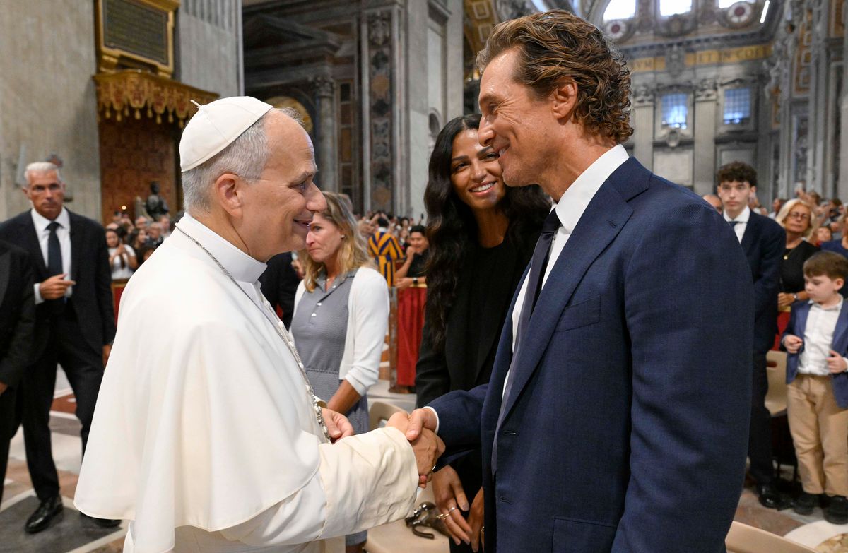 Pope Leo XIV greets actor Matthew McConaughey and Brazilian-American model and entrepreneur Camila Alves during his weekly general audience at St. Peter's Basilica on August 05, 2026 in Vatican City, Vatican.