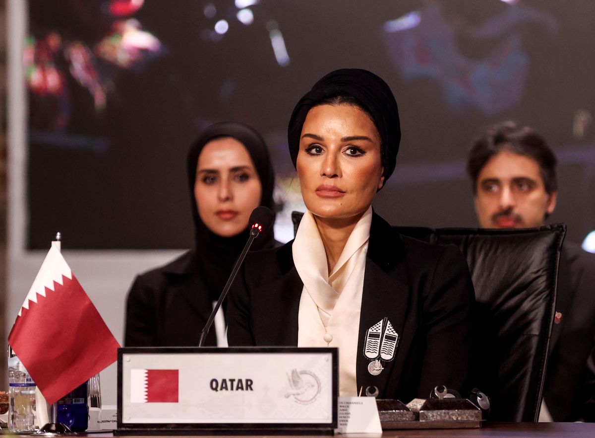 Qatari Emir Sheikh Tamim bin Hamad Al-Thani's mother Sheikha Moza Bint Nasser speaks during the United For Peace in Palestine Summit at Dolmabahce Office