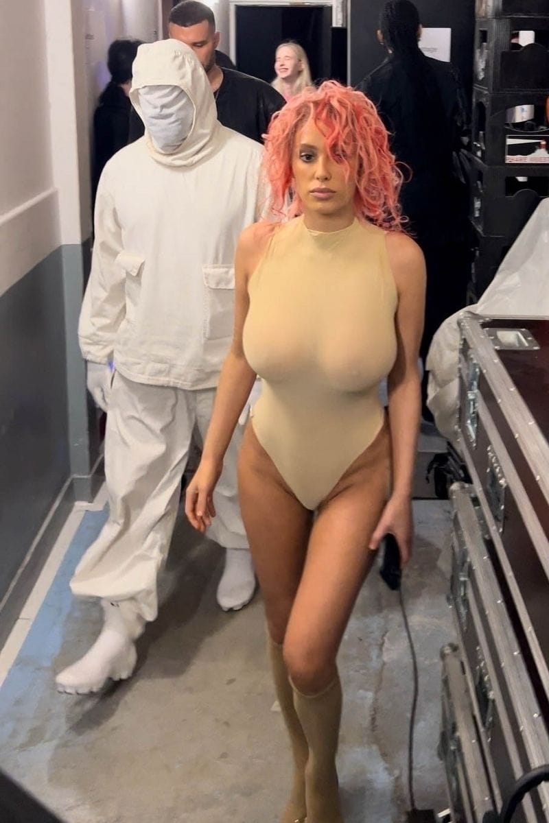 Kanye West and Bianca Censori at the Prototype fashion show during Paris Fashion Week. 