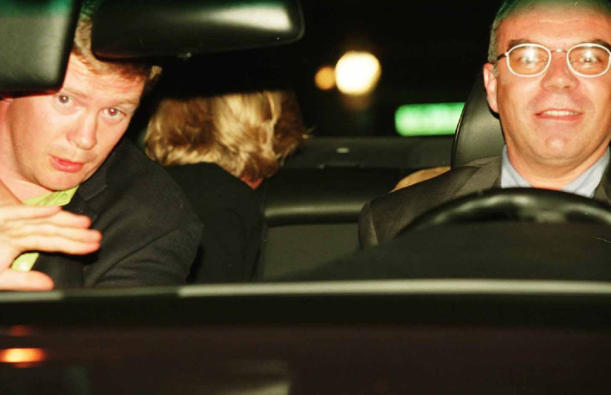A photo taken by Jacques Langevin in Paris on the night of August 31, 1997 shows Diana, Princess of Wales (head turned away in the backseat), her bodyguard Trevor Rees-Jones (left), and driver Henri Paul shortly before the fatal crash that killed Diana, her companion, and Henri Paul. 