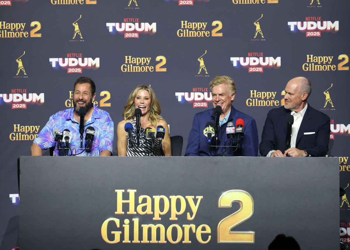 Adam Sandler, Julie Bowen, Christopher McDonald, and Rich Eisen speak onstage during NETFLIX TUDUM 2025: THE LIVE EVENT 