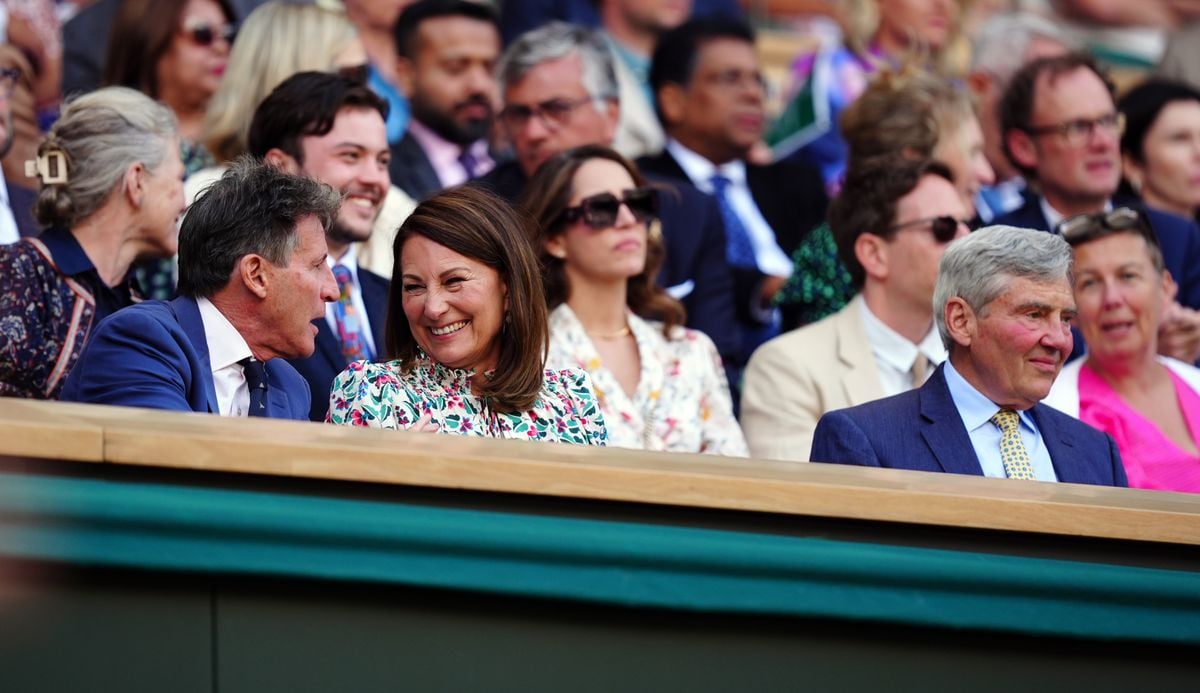 RETRANSMITTED CORRECTING TITLE. Carole and Michael Middleton with Lord Sebastian Coe in the royal box on day four of the 2024 Wimbledon Championships at the All England Lawn Tennis and Croquet Club, London. Picture date: Thursday July 4, 2024. (Photo by Mike Egerton/PA Images via Getty Images)