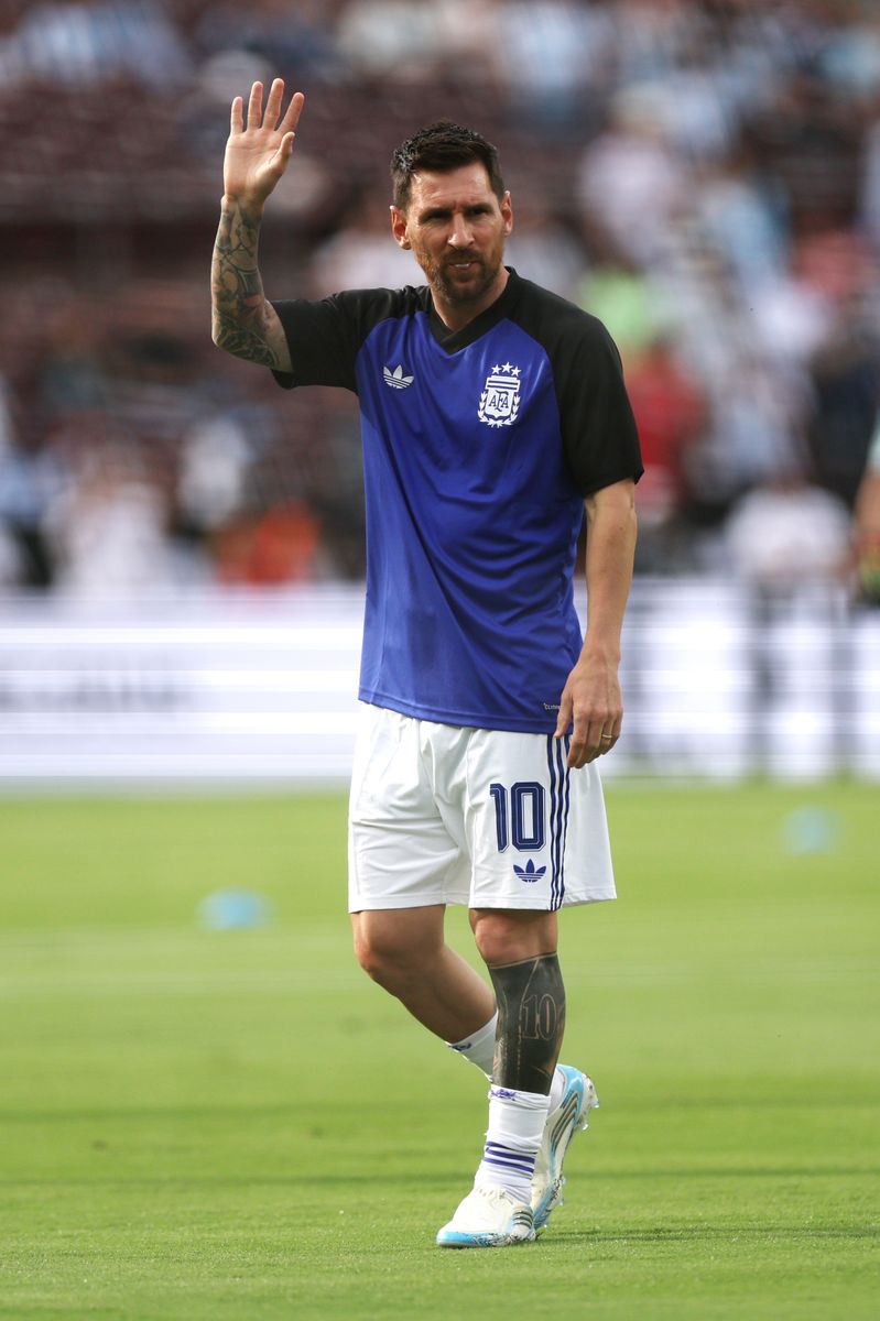 Lionel Messi of Argentina warms up prior to the international friendly match between Argentina and Honduras at Kyle Field on June 06, 2026.