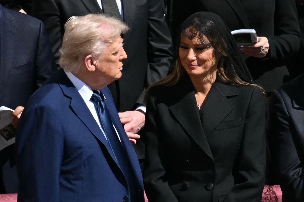 US President Donald Trump and First Lady Melania Trump stand alongside leaders as they attend the late Pope Francis' funeral   