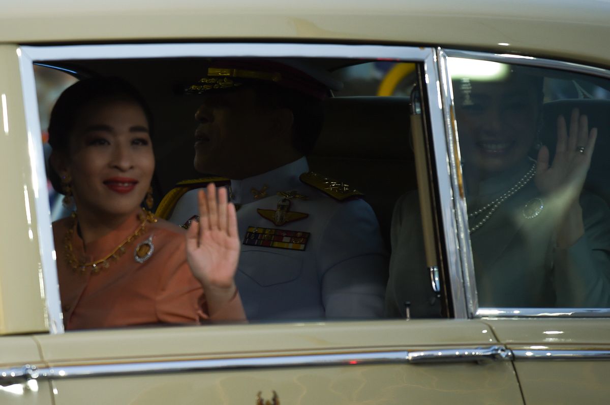 Thai King Maha Vajiralongkorn Bodindradebayavarangkun and Thai Queen Suthida with Princess Bajrakitiyabha Mahidol and Princess Sirivannavari Nariratana