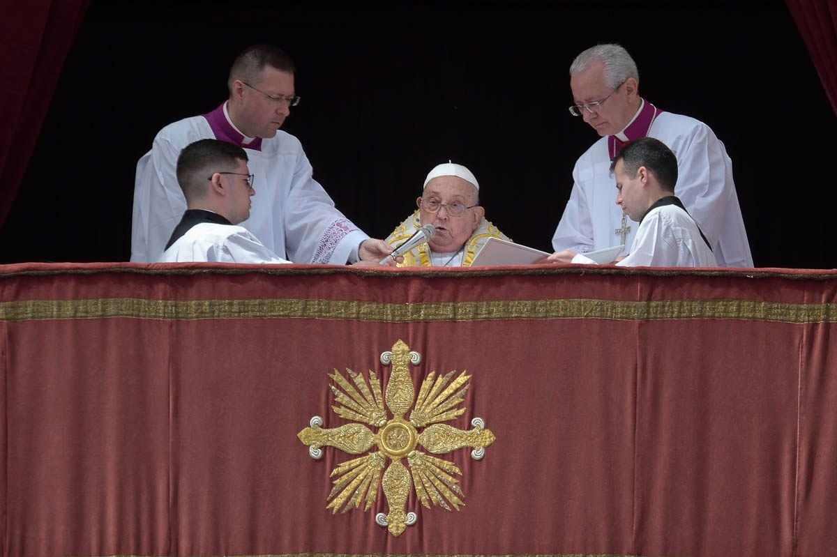 Pope Francis during the impartation of the 'Urbi et Orbi' blessing and wishes "good Easter" from the balcony of St. Peter's Basilica, April 20, 2024, in Rome