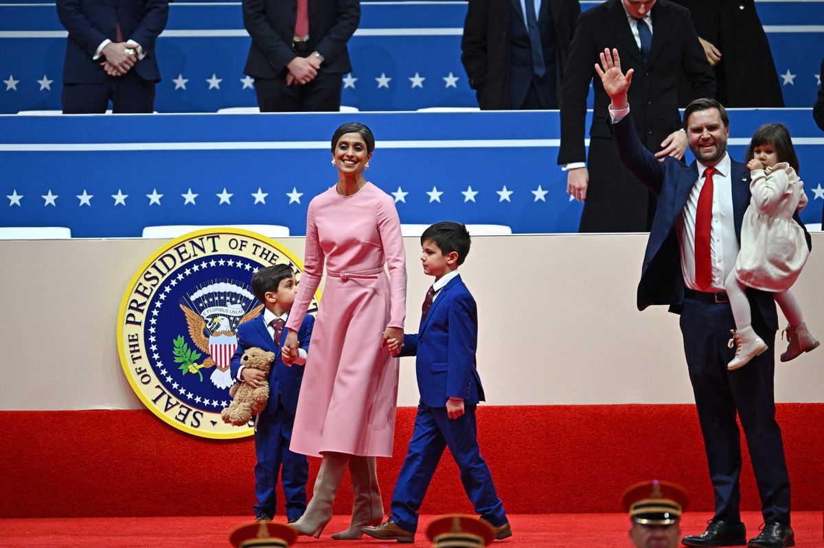 US Vice President JD Vance (R), US Second Lady Usha Vance and their children walk on stage as they arrive the inaugural parade inside Capital One Arena, in Washington, DC, on January 20, 2025. (Photo by ANGELA WEISS / AFP) (Photo by ANGELA WEISS/AFP via Getty Images)