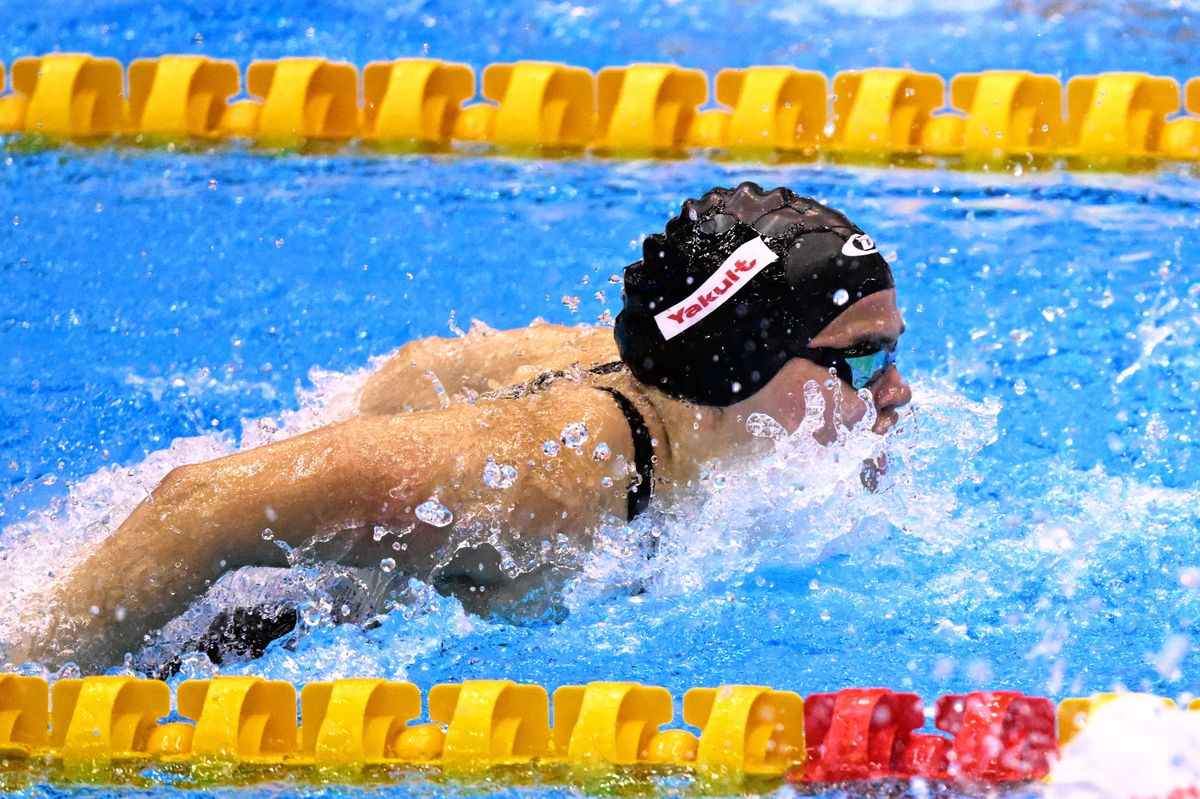 Paraguay's Luana Alonso competes in a heat of the women's 100m butterfly swimming event during the World Aquatics Championships in Fukuoka on July 23, 2023. (Photo by Yuichi YAMAZAKI / AFP) (Photo by YUICHI YAMAZAKI/AFP via Getty Images)