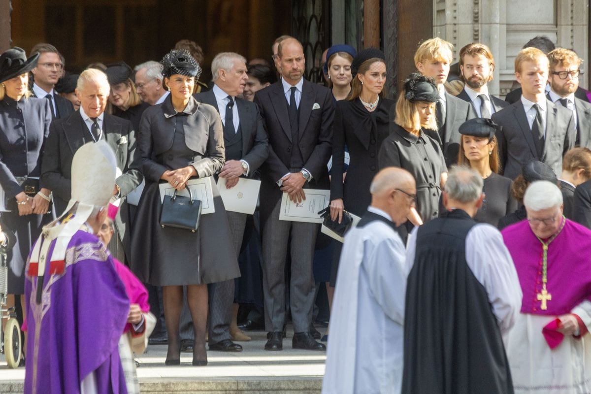 LONDON, UNITED KINGDOM - SEPTEMBER 16:  King Charles III, Prince of Wales William, Princess of Wales Catherine and Prince Andrew leave Requiem Mass service for the Duchess of Kent, at Westminster Cathedral, in London, United Kingdom on September 16, 2025.This is the first Catholic funeral service held for a member of the royal family in modern British history. Katharine, the wife of the late Queen's cousin the Duke of Kent, converted to Catholicism in 1994. (Photo by Ilyas Tayfun Salci/Anadolu via Getty Images)