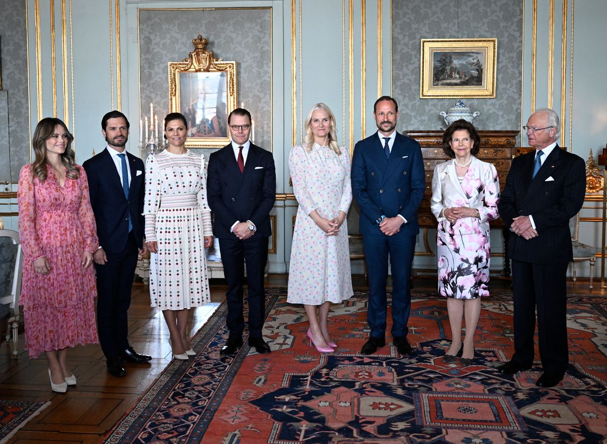 (L-R) Princess Sofia of Sweden, Prince Carl Philip of Sweden, Crown Princess Victoria of Sweden, Prince Daniel of Sweden, Crown Princess Mette-Marit of Norway, Crown Prince Haakon of Norway, Queen Silvia of Sweden and King Carl XVI Gustaf of Sweden pose for a group photo at the Royal Palace in Stockholm, Sweden, May 2, 2022.