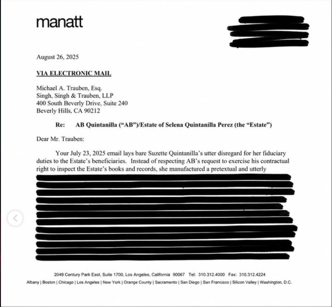A.B. Quintanilla shares legal paperwork after sister Suzette says she was never served, escalating the public dispute involving Selena’s estate and family.
