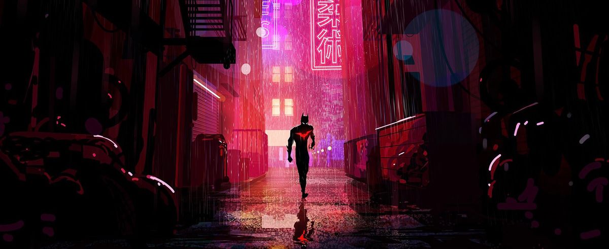 Batman walks through a neon-lit Gotham in concept artwork for Patrick Harpin and Yuhki Demers’ proposed Batman Beyond animated film.