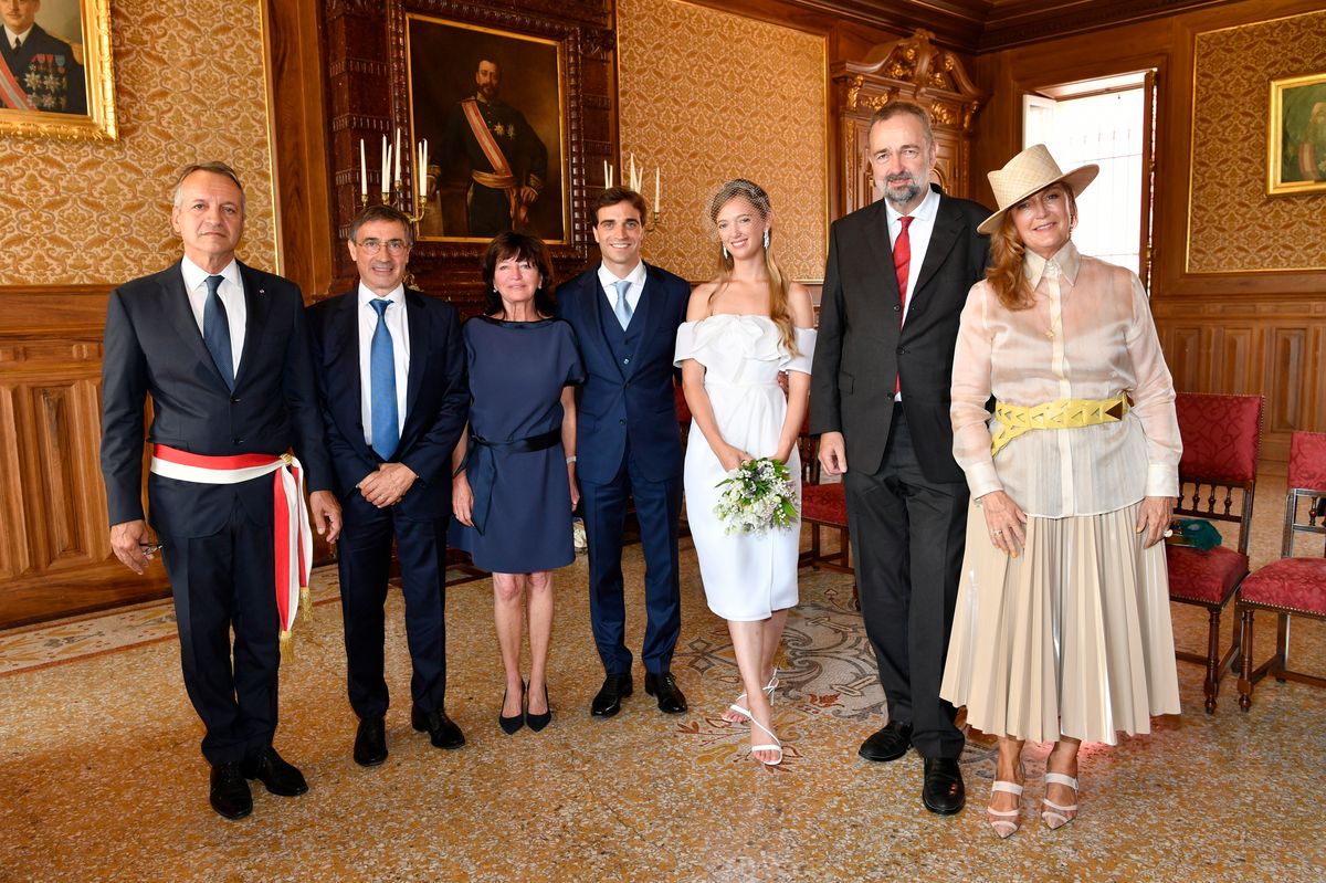 Eleonore von Habsburg and Jérôme d’Ambrosio pose with family members and Monaco officials following their civil wedding in July 2020.