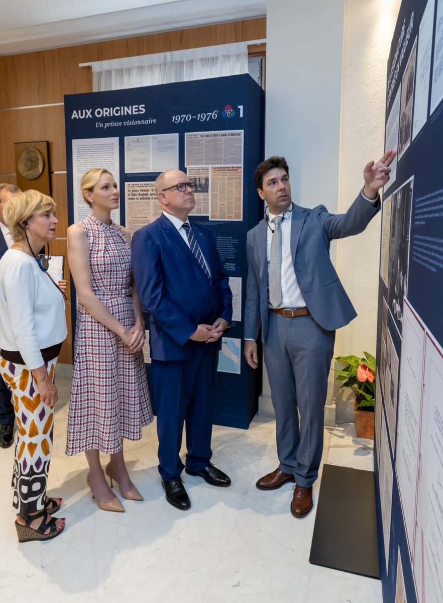 Princess Charlene and Prince Albert II attend the opening of the exhibition marking the 50th anniversary of the RAMOGE Agreement in Monaco.