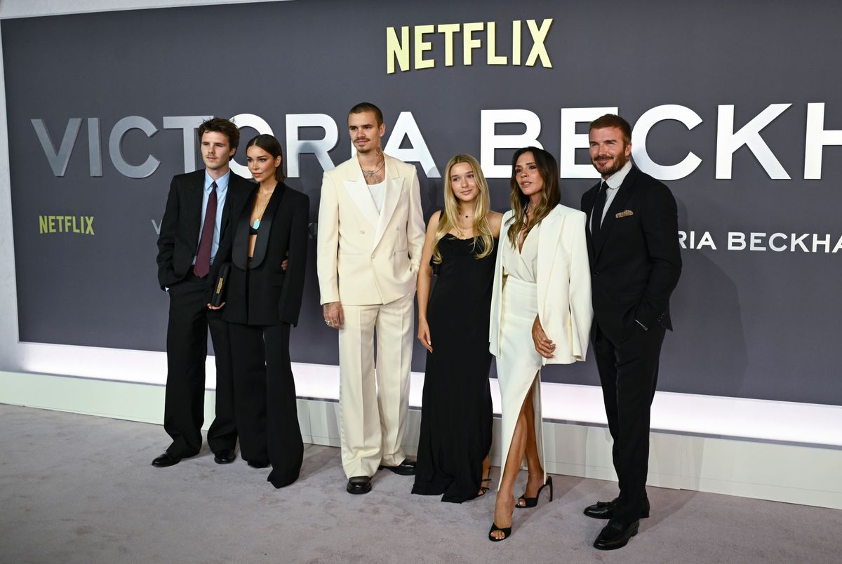 Cruz Beckham, Jackie Apostel, Romeo Beckham, Harper Beckham, Victoria Beckham and David Beckham attend the "Victoria Beckham" World Premiere 