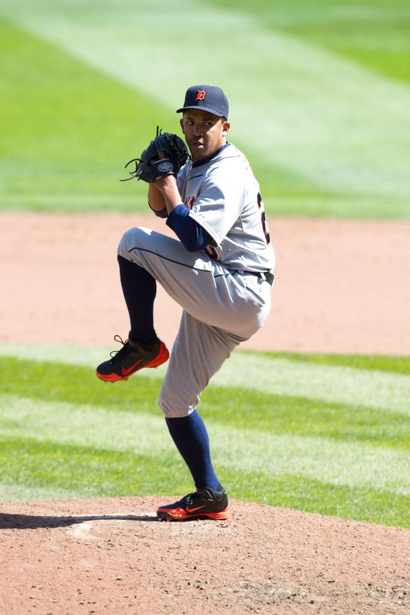 Octavio Dotel #20 of the Detroit Tigers pitches against the Minnesota Twins on April 4, 2013 at Target Field in Minneapolis, Minnesota. The Twins defeated the Tigers 8-2.  (Photo by Brace Hemmelgarn/Minnesota Twins/Getty Images)
