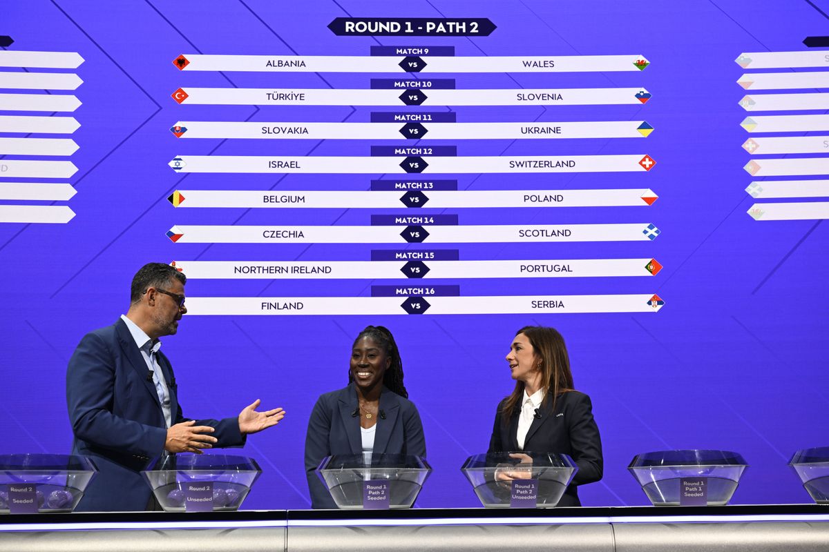 The results of the Round 1 - Path 2 draw are displayed on stage after the FIFA Women's World Cup 2027 Women's European Qualifiers Play-offs Round Draw