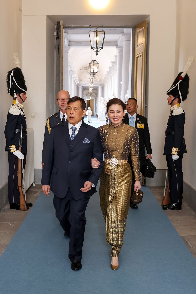 King Rama X of Thailand and Queen Suthida of Thailand arrive at the Royal Palace Church to attend the Te Deum mass on the occasion of the 80th Birthday celebrations of King Carl XVI Gustaf of Sweden