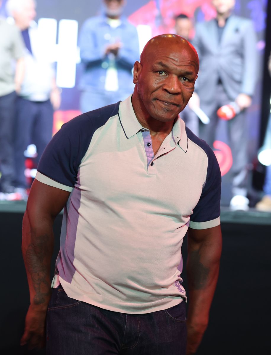 Former Heavyweight Champion Mike Tyson looks on at the Manhattan Center at the weigh in for the Fatal Fury fight card in Times Square on May 01, 2025 in New York City. (Photo by Al Bello/Getty Images)