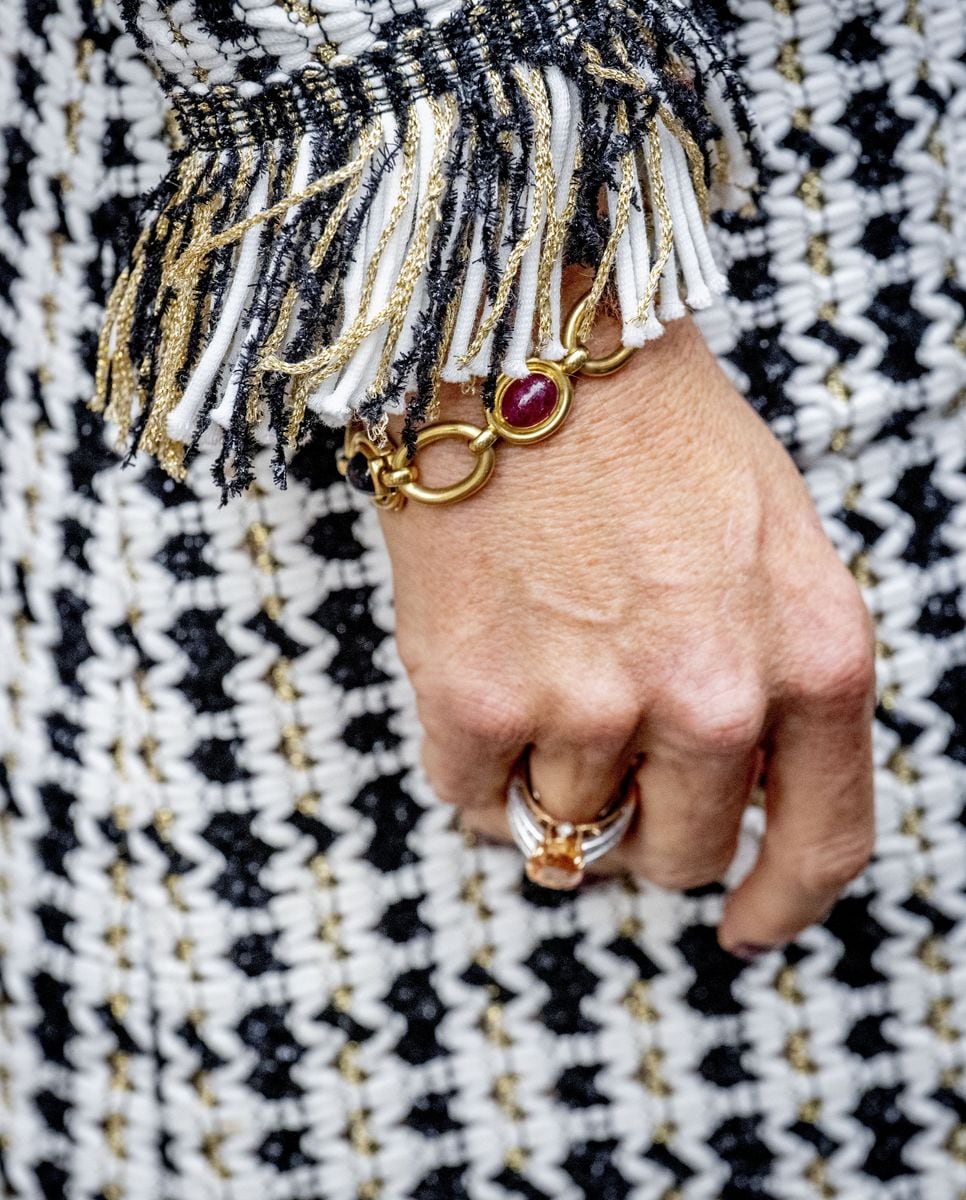 To complement the ensemble, Máxima rewore her vintage triple-pearl earrings by Argentine designer Mercedes Robirosa. 