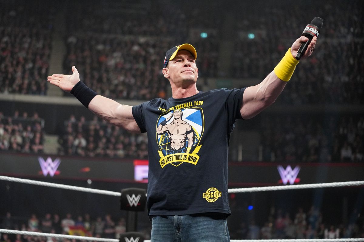 John Cena addresses the crowd during Monday Night RAW at The OVO Hydro on March 24, 2025 in Glasgow, Scotland