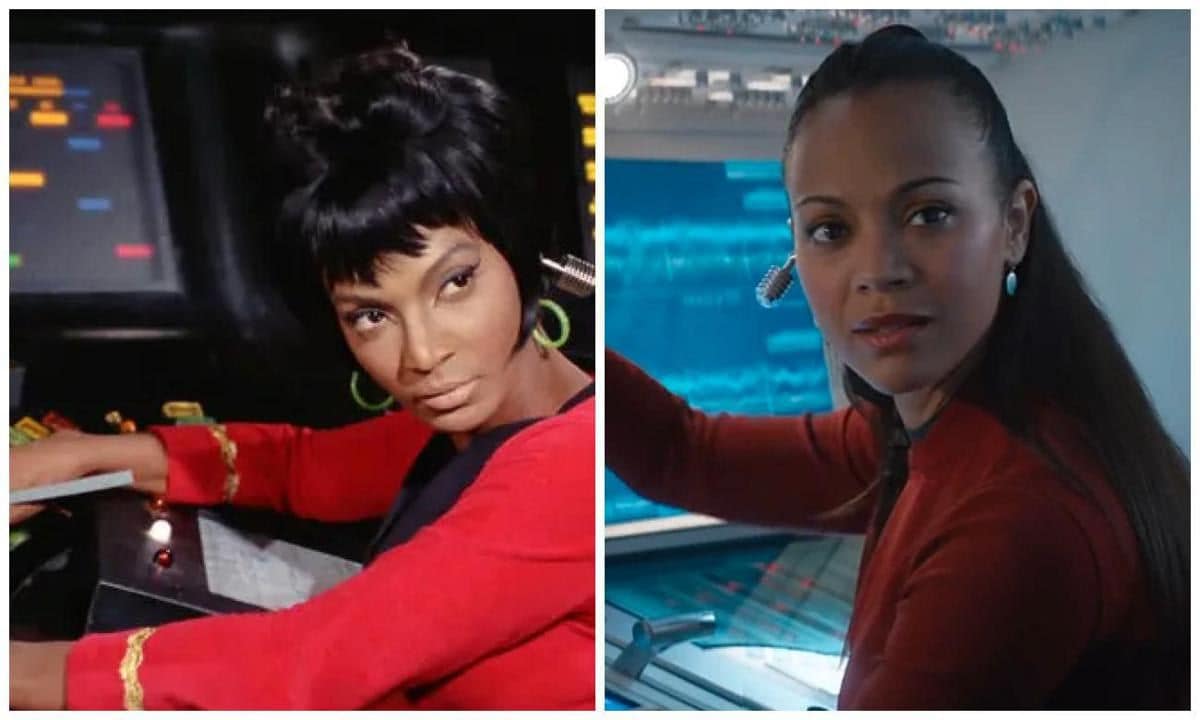 Nichelle Nichols and Zoe Saldaña as Lieutenant Nyota Uhura