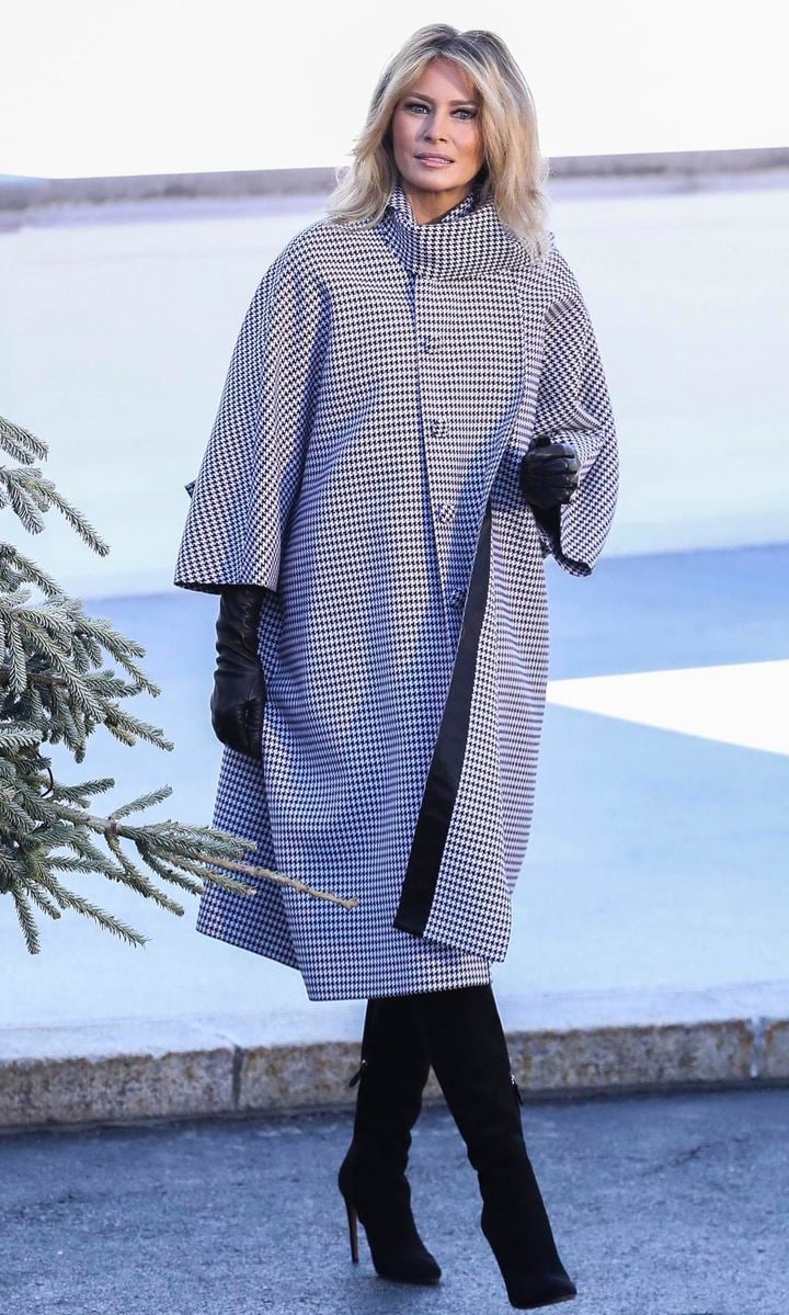 First Lady Melania Trump arrives to receive the White House Christmas