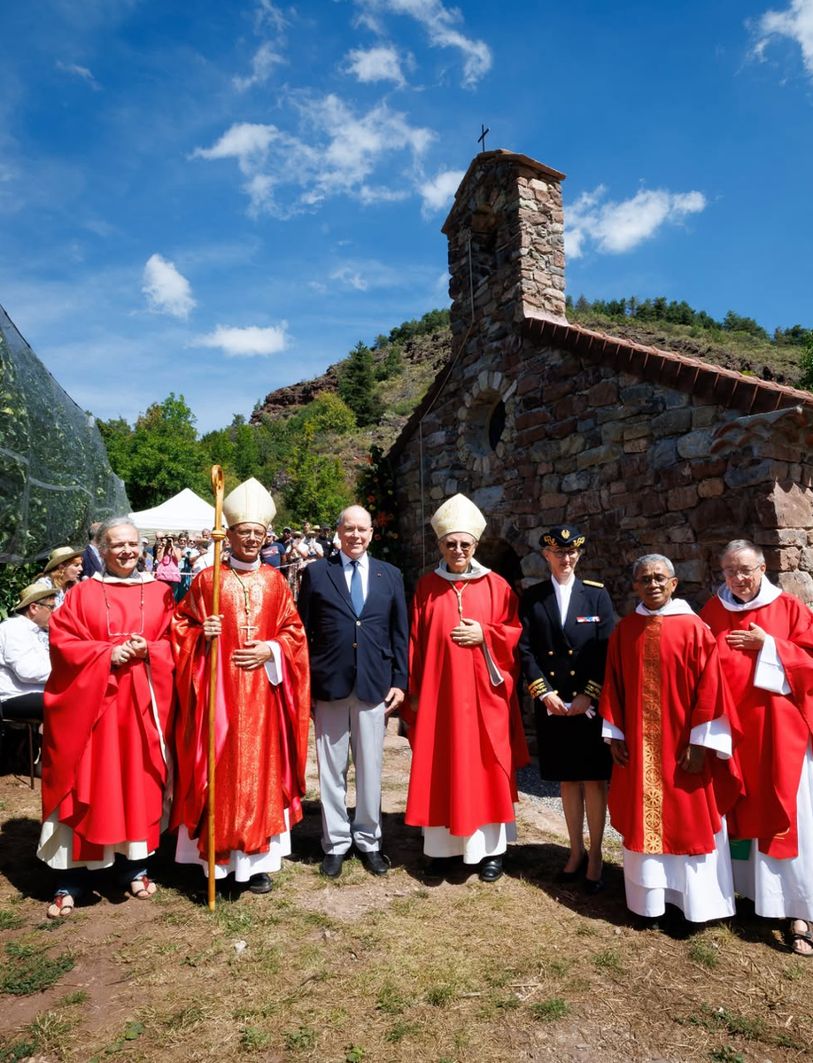 The Monaco sovereign joined members of the clergy outside the ancient stone chapel in Alpes-de-Haute-Provence.