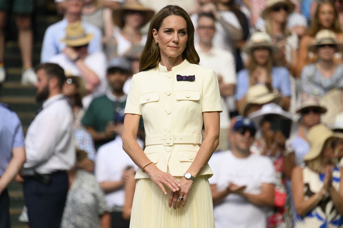Catherine, Princess of Wales prepares to present the trophies following match between Amanda Anisimova of US and Iga Swiatek of Poland during Championships Wimbledon 2025 Women's final tennis match
