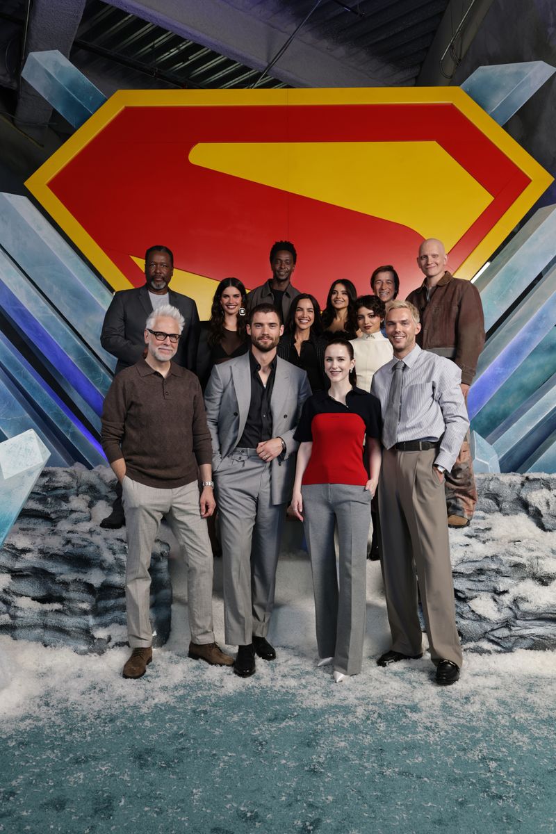 James Gunn, David Corenswet, Rachel Brosnahan, Nicholas Hoult, Wendell Pierce, Sara Sampaio, Edi Gathegi, MarÃ­a Gabriela de FarÃ­a, Mikaela Hoover, Isabela Merced, Skyler Gisondo and Anthony Carrigan seen at "Superman" Press Junket on June 28, 2025 in Los Angeles, California. (Photo by Eric Charbonneau/Warner Bros. via Getty Images)