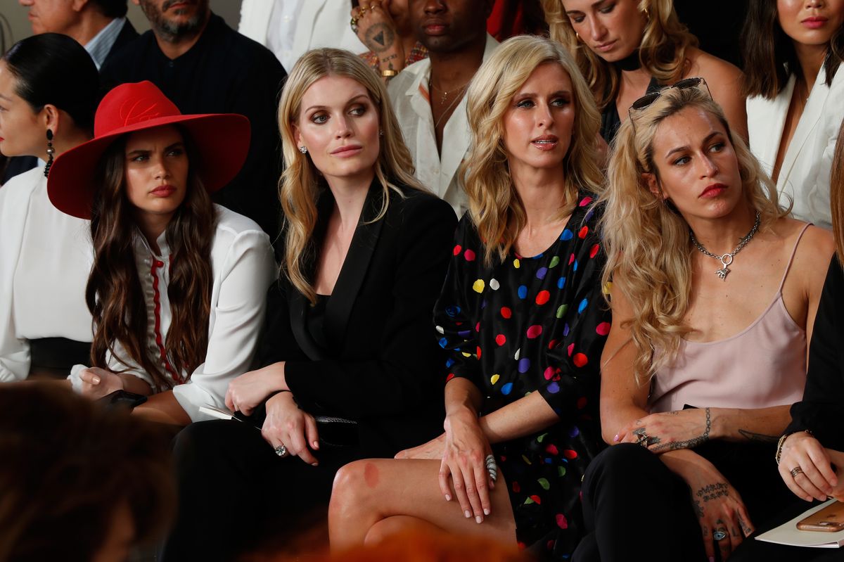 Kitty Spencer front row at the Giorgio Armani Prive Haute Couture show as part of Paris Fashion Week 2019. Seating next to her: Sara Sampaio, Nicky Hilton and Alice Dellal 