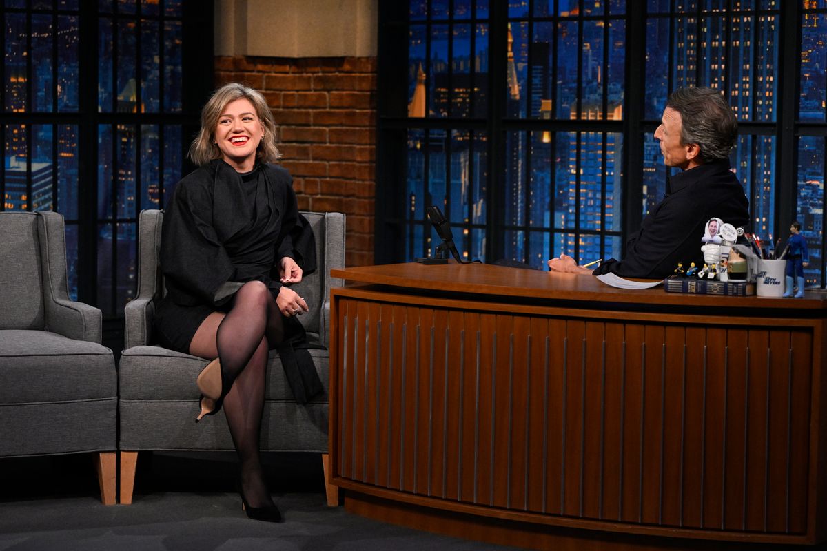 Singer-songwriter Kelly Clarkson during an interview with host Seth Meyers