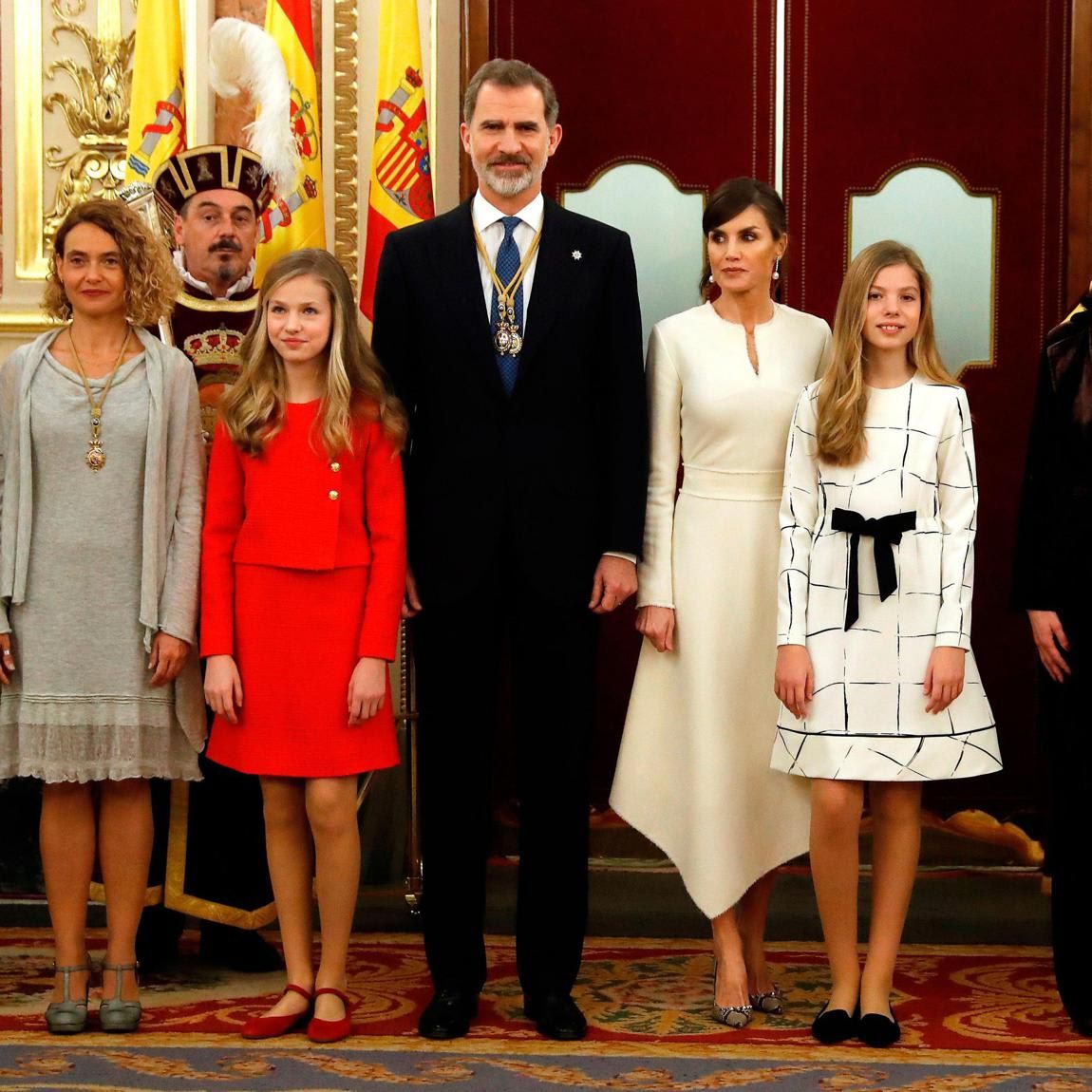 The royal family stepped out together for the ceremony on Feb. 3. Leonor recycled a red ensemble that she previously wore to the Princesa de Girona Foundation Awards in 2019.