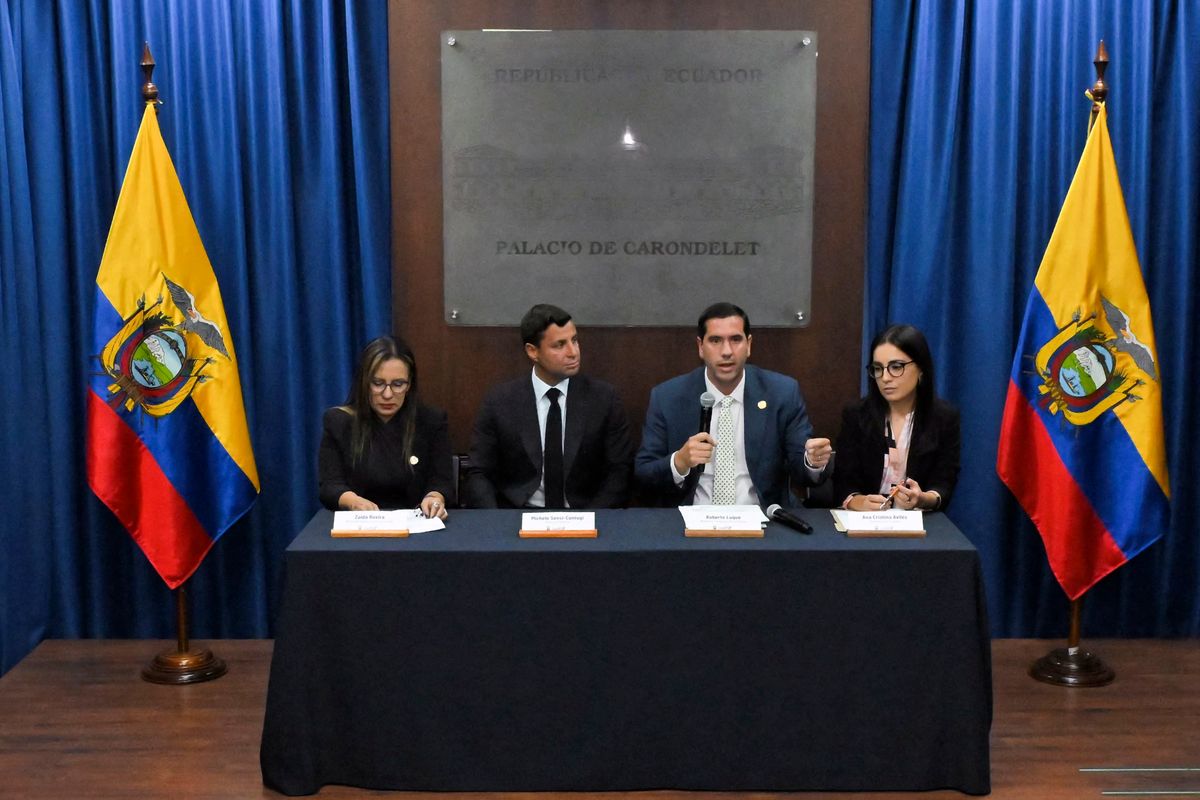 Michele Sensi-Contugi (2nd-L) during a press conference at the Carondelet Palace in Quito on June 18, 2024. 