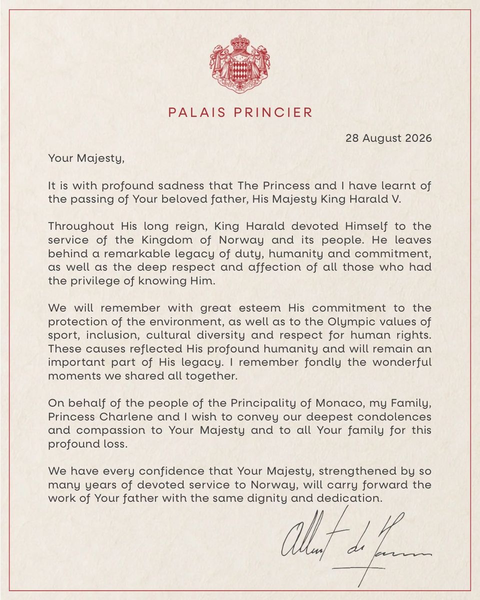 Princess Charlene and Prince Albert II of Monaco have joined royal families across Europe in mourning the death of King Harald V of Norway