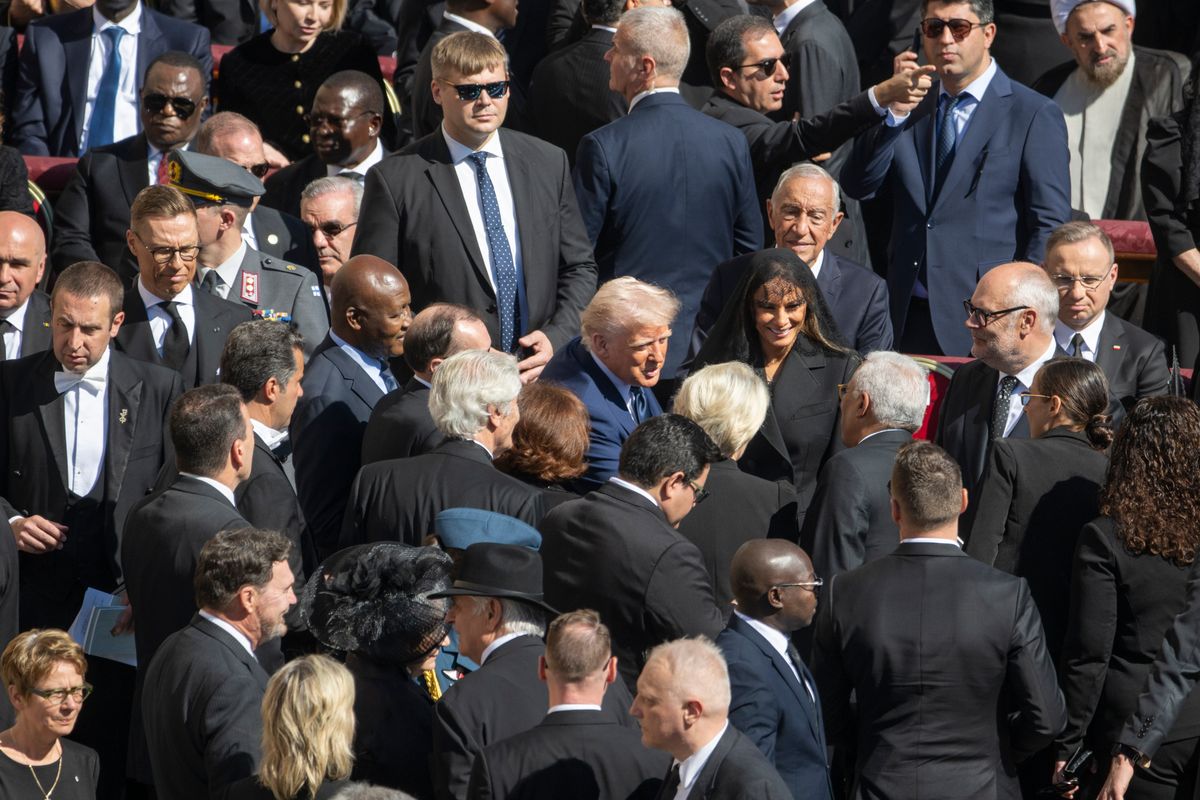 VATICAN CITY, SPAIN - APRIL 26: US President Donald Trump (c) during the Pope's funeral in St. Peter's Square, April 26, 2025, in Vatican City. Pope Francis I, who died on April 21 at the age of 88, has been watched over by some 250,000 people in St. Peter's Basilica for 3 days and today the funeral mass is celebrated. Afterwards, the coffin will be carried to the Basilica of Santa Maria Maggiore, where the Pontiff will be buried. (Photo By Lorena Sopena/Europa Press via Getty Images)