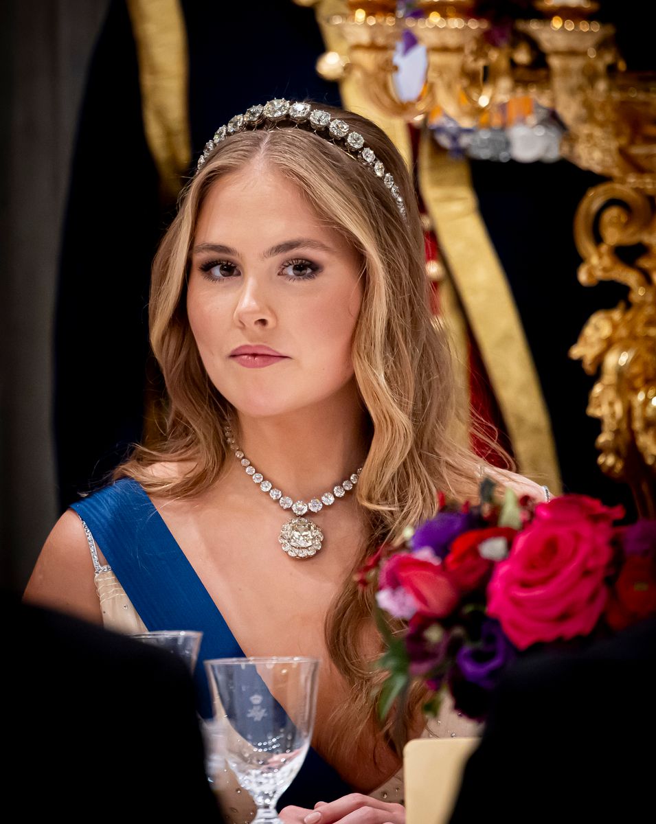 AMSTERDAM, NETHERLANDS - DECEMBER 11: Princess Amalia of The Netherlands attends a state banquet offered to President Alexander Stubb of Finland at the Royal Palace Amsterdam on December 11, 2025 in Amsterdam, Netherlands. The Finish president brings a two day state visit to The Netherlands. (Photo by Patrick van Katwijk/WireImage)