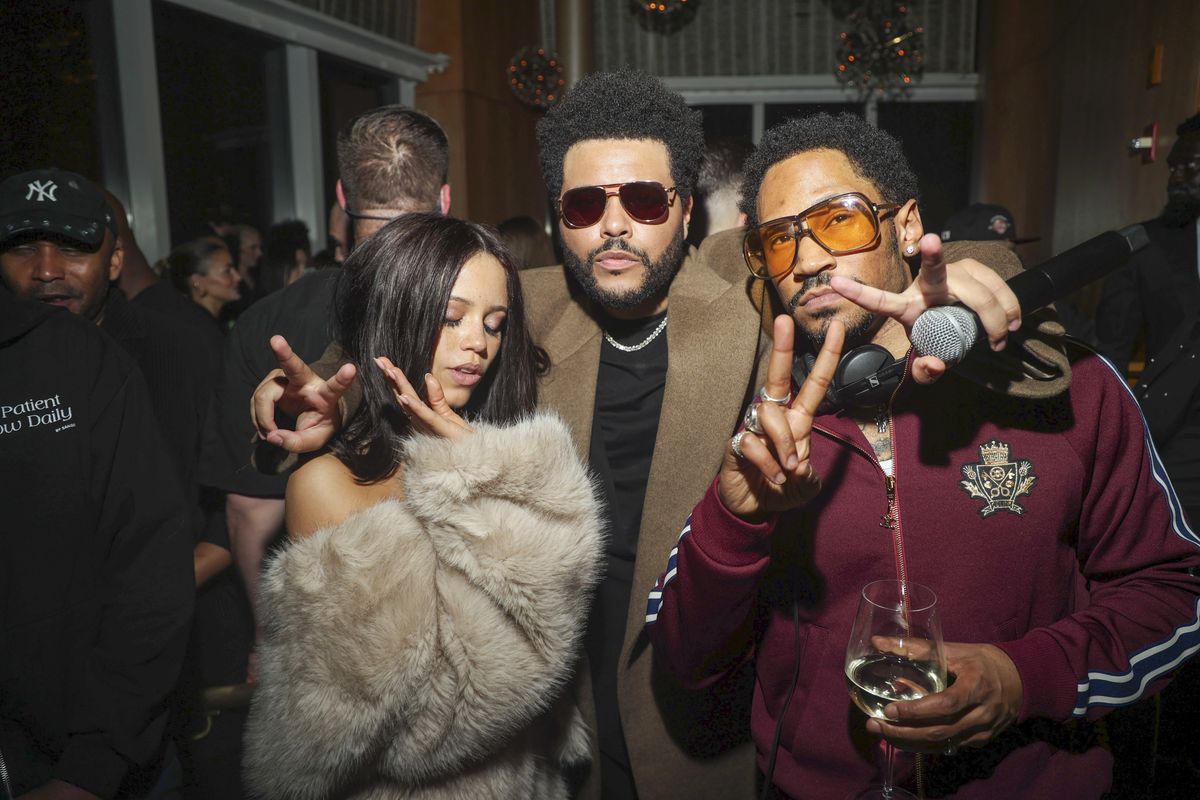 Jenna Ortega and The Weeknd pose together at The Boom Boom Room after the Hurry Up Tomorrow premiere. 