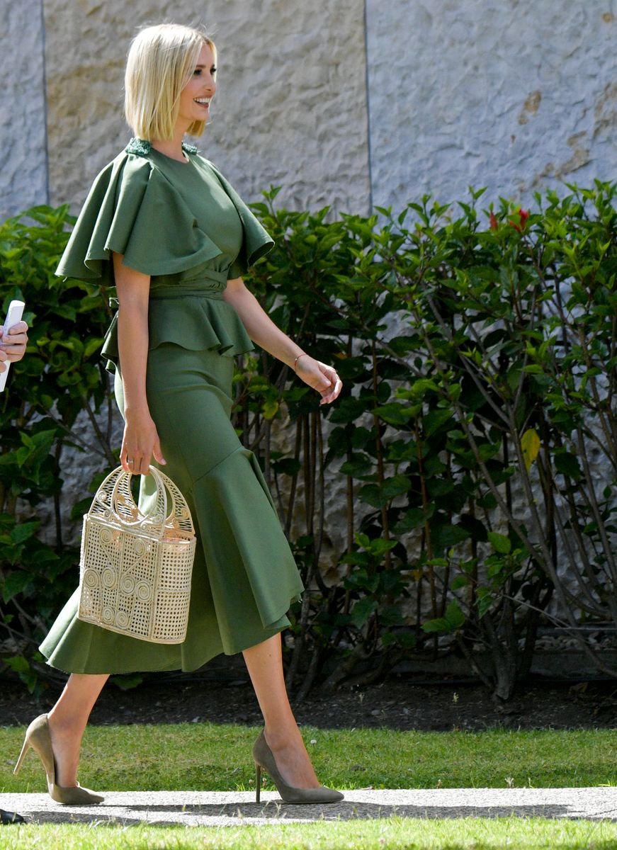 Back in 2019, during a visit to Bogotá, Colombia, Ivanka wore a statement Johanna Ortiz piece in military green.