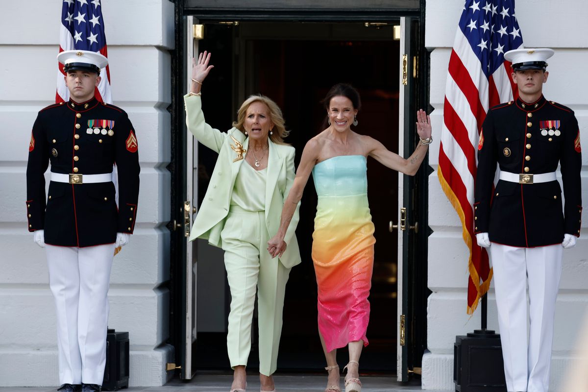  U.S. First lady Jill Biden and Ashley Biden, daughter of U.S. President Joe Biden, arrive to a Pride celebration on the South Lawn of the White House on June 26, 2024 in Washington, DC. The first lady's office hosted the event to honor Pride Month.. (Photo by Anna Moneymaker/Getty Images)