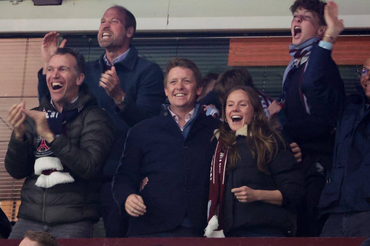 Hugh Grosvenor, Duke of Westminster and Olivia Grosvenor, Duchess of Westminster, above left Prince William, Prince of Wales celebrate the third goal of Aston Villa during the UEFA Champions League 2024/25 Quarter Final Second Leg football match between Aston Villa FC and Paris Saint-Germain (PSG) at Villa Park on April 15, 2025 in Birmingham, England. (Photo by Jean Catuffe/Getty Images)